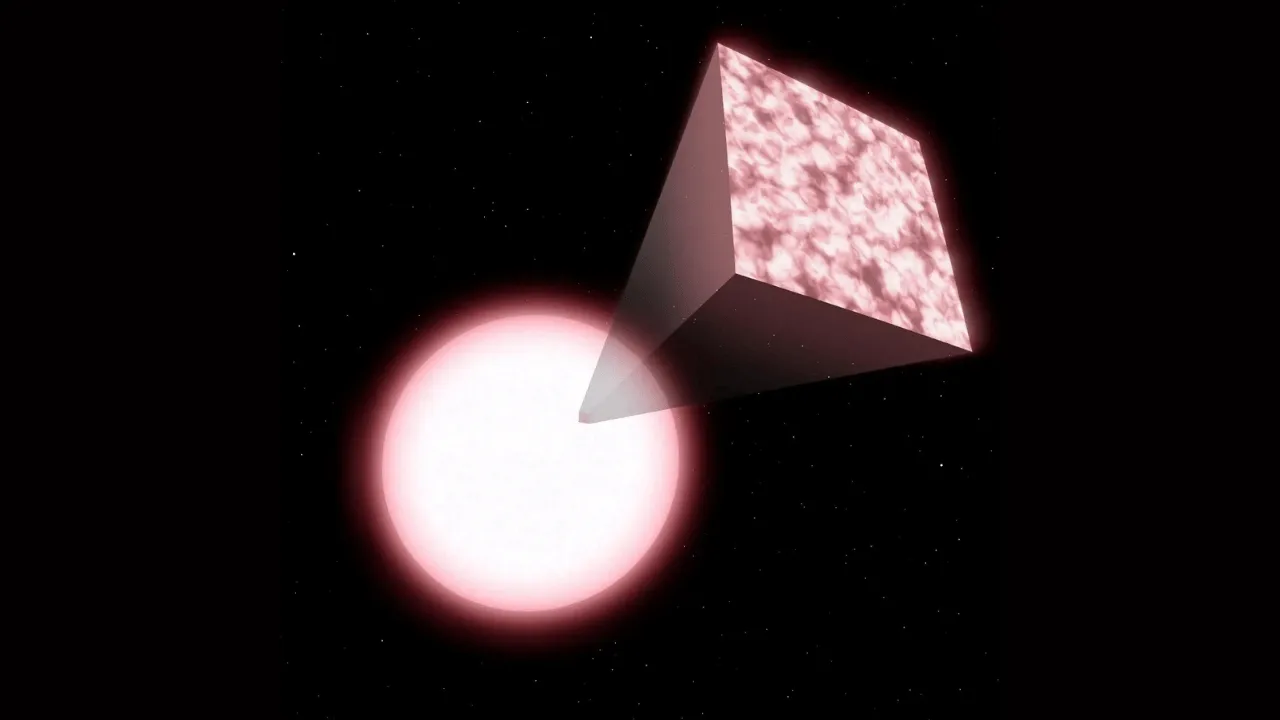 Ilustración de una estrella de tono rosado salmón sobre un fondo oscuro del espacio.